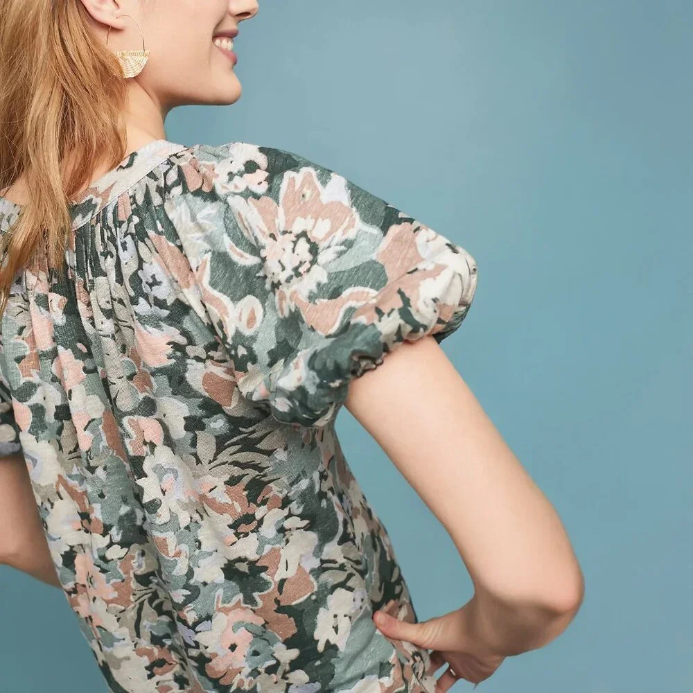 Anthropologie Maeve Linen Puff Sleeved Top in Green Floral - XL - Picture 4 of 11